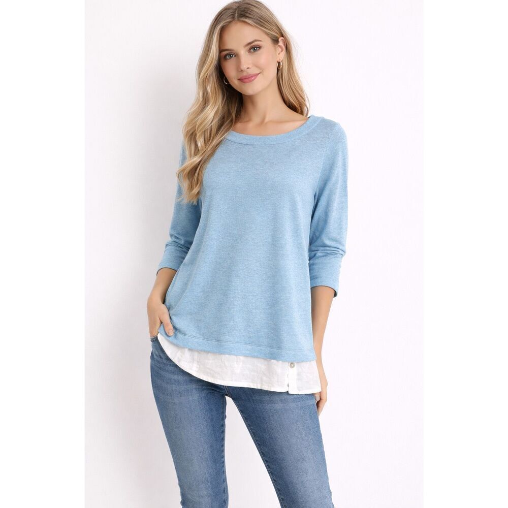 J. Jill Love Linen Baby Blue and White Oversized 3/4 Sleeve Tunic XS #763